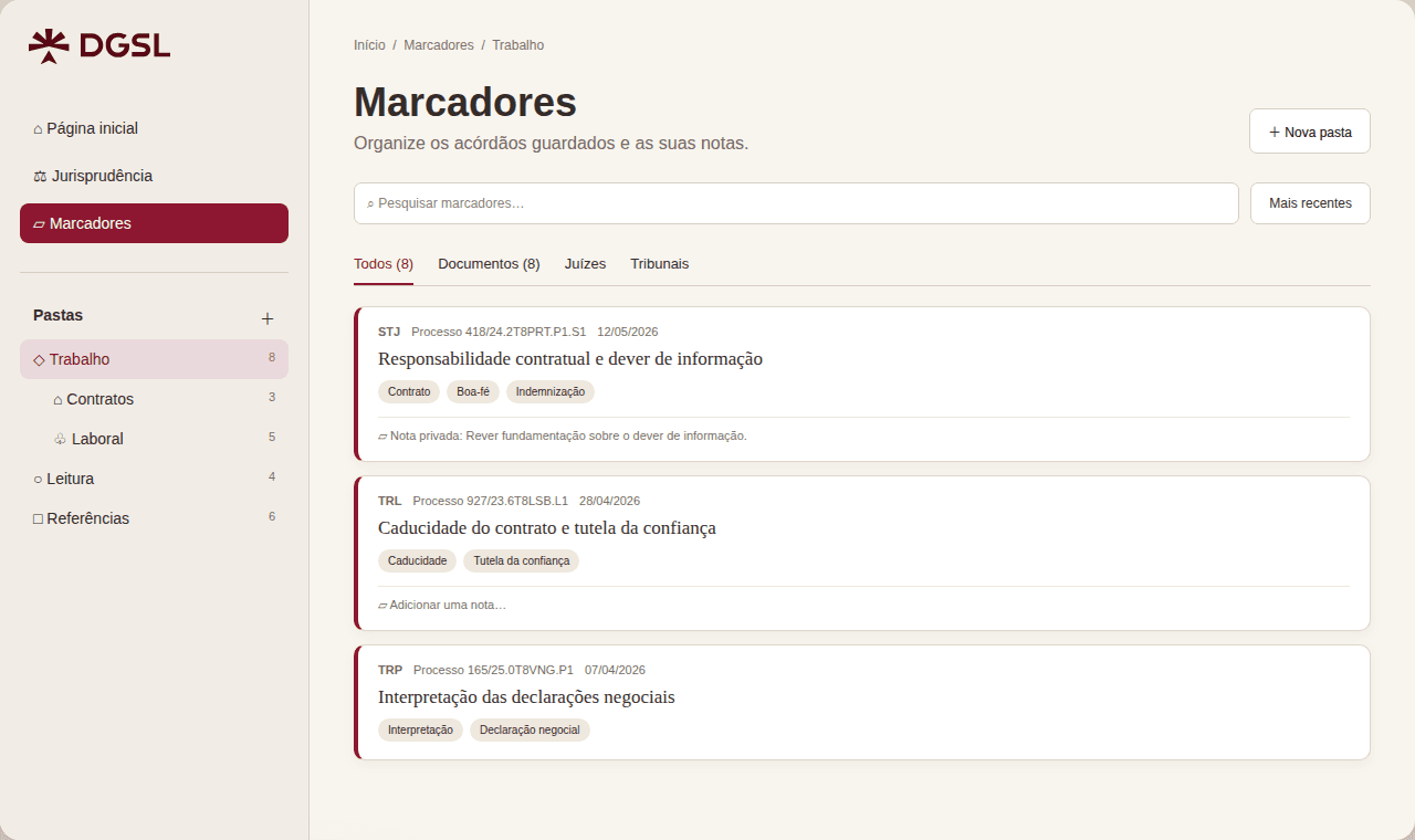 Lista demonstrativa de acórdãos guardados e organizados em pastas