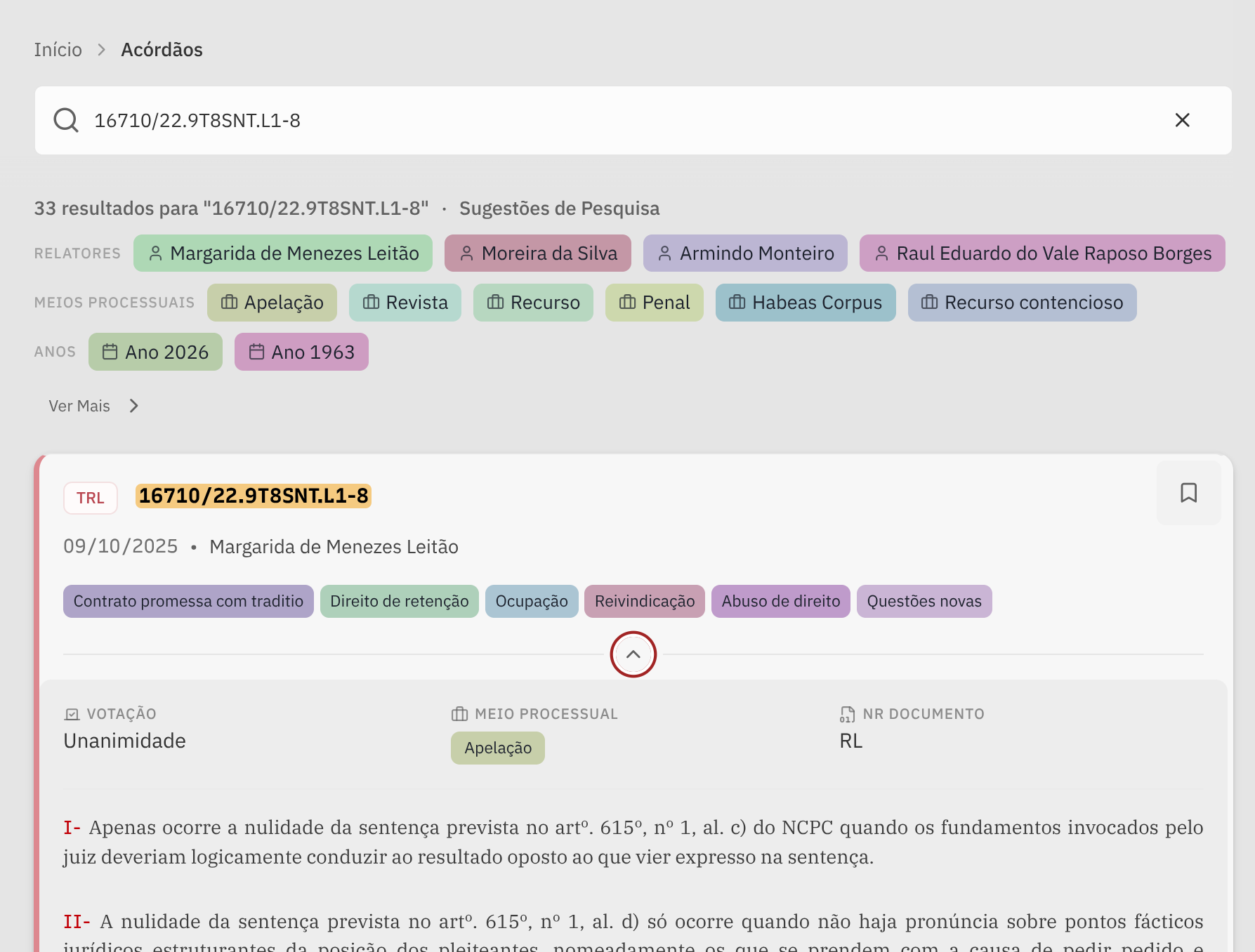 Resultados de pesquisa por número de processo no DGSL
