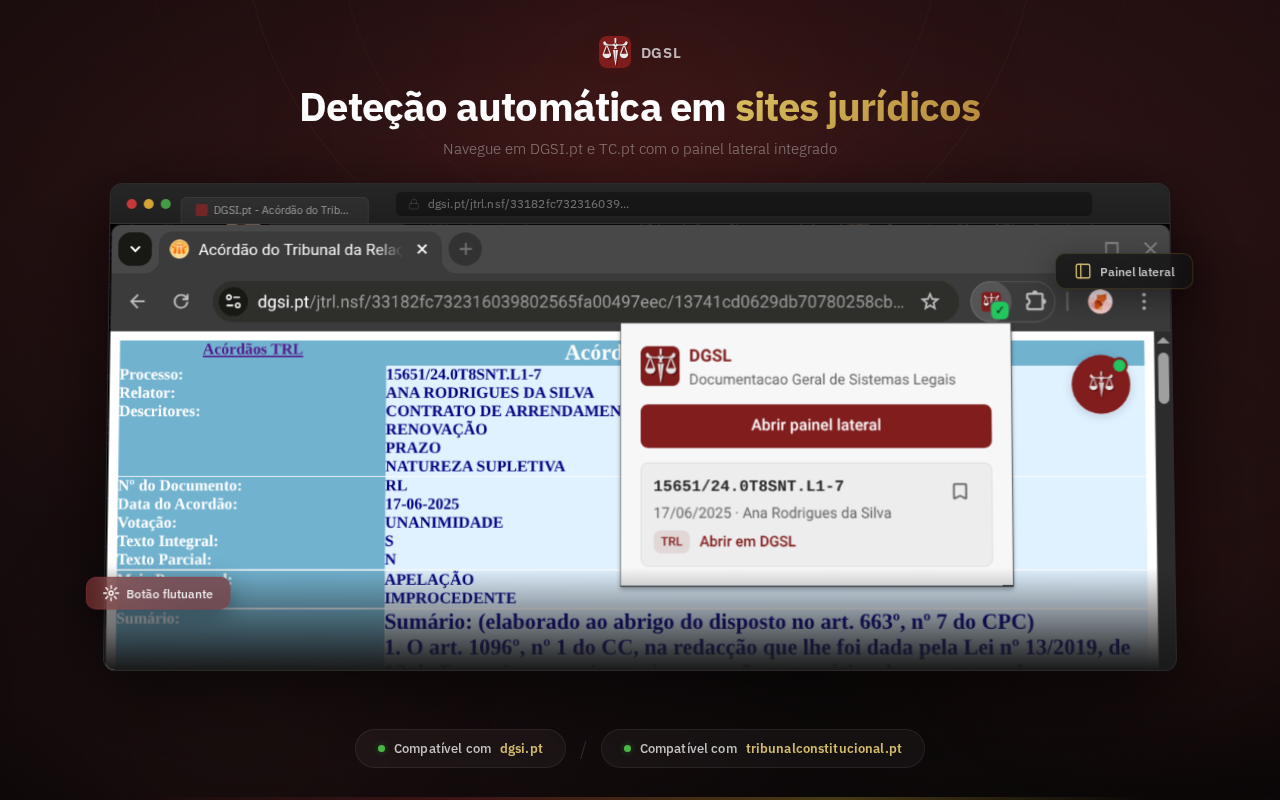 Popup de deteção automática num acórdão do DGSI