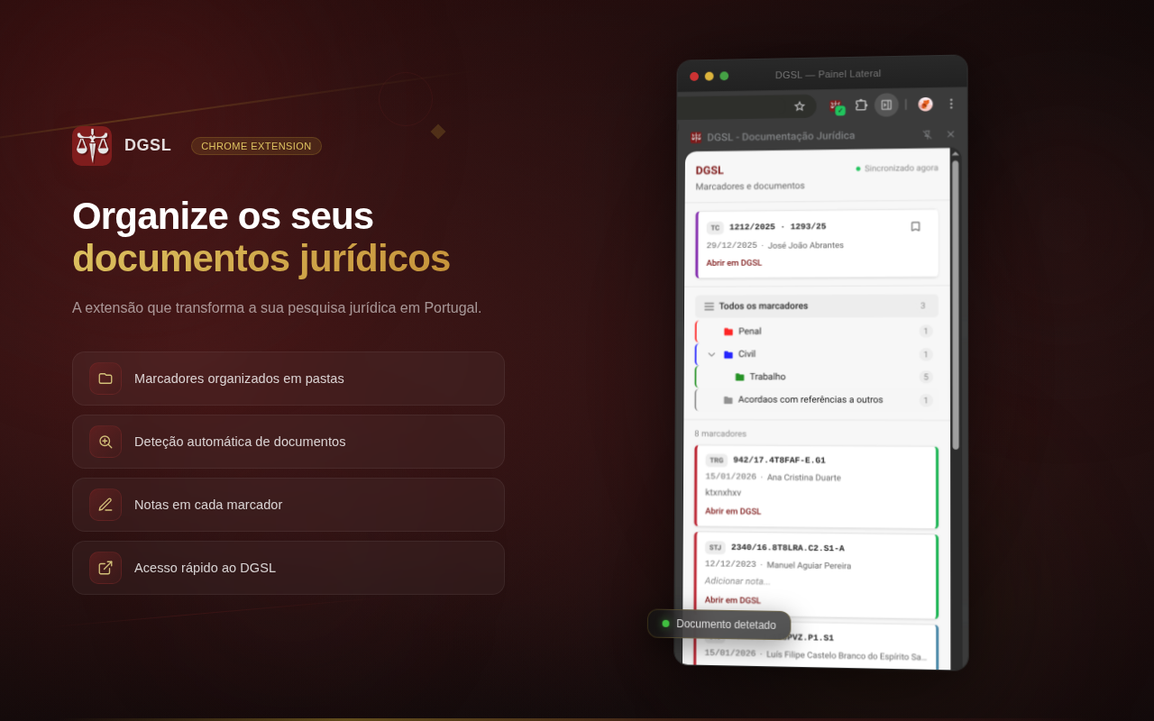 Painel lateral com marcadores organizados em pastas