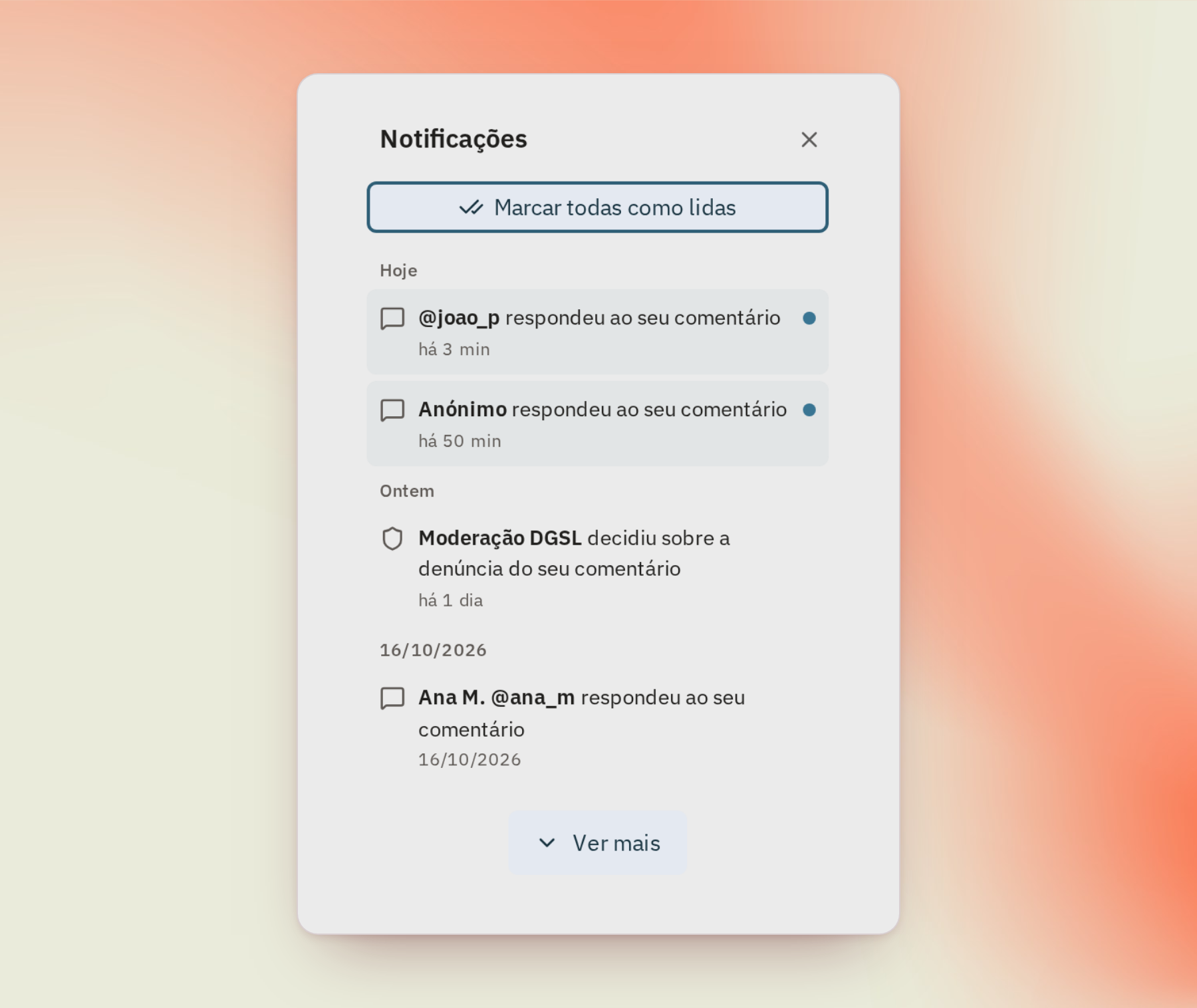 As respostas e os gostos chegam ao sino das «Notificações».